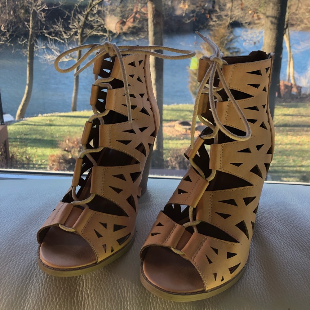 Blush lace up chunky heels